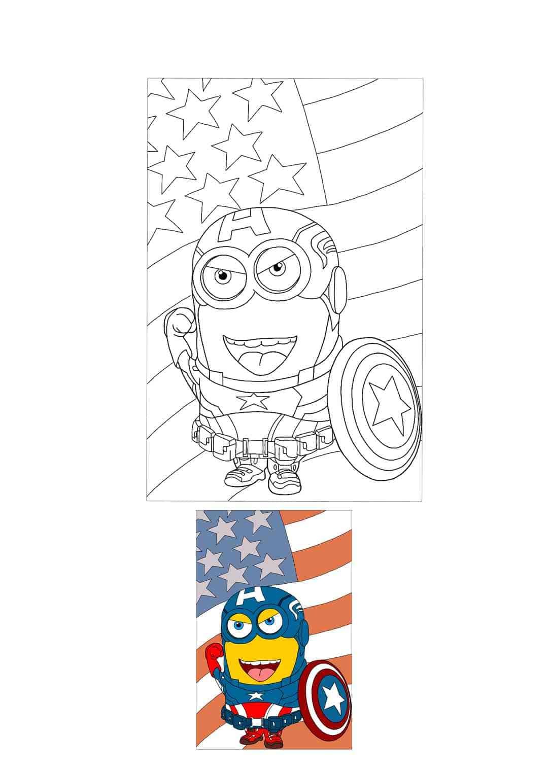Minion Captain America met Vlag gratis kleurplaat voor kinderen