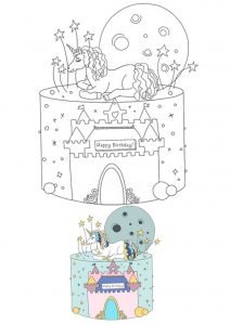 Birthday Unicorn castle cake coloring page