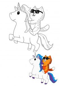 Cat sunglasses riding unicorn coloring page