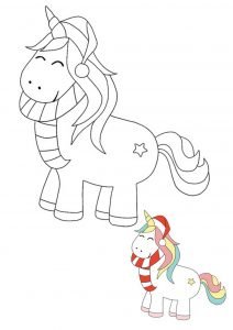 Christmas Unicorn with Santas hat coloring page