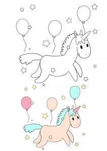 Cute kawaii unicorn with balloons coloring page