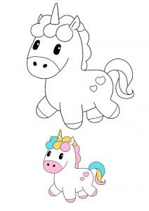 Cute baby unicorn coloring page with sample