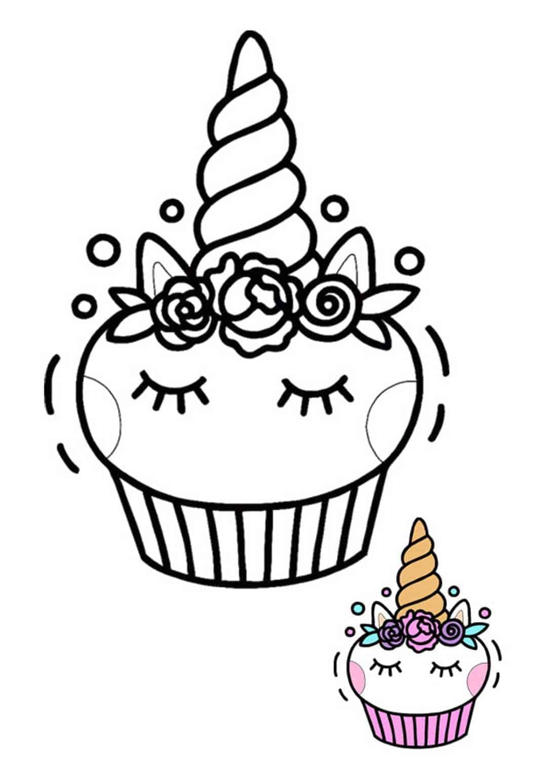 Cute unicorn cupcake coloring page with sample