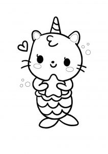 Kawaii cat mermaid unicorn coloring page