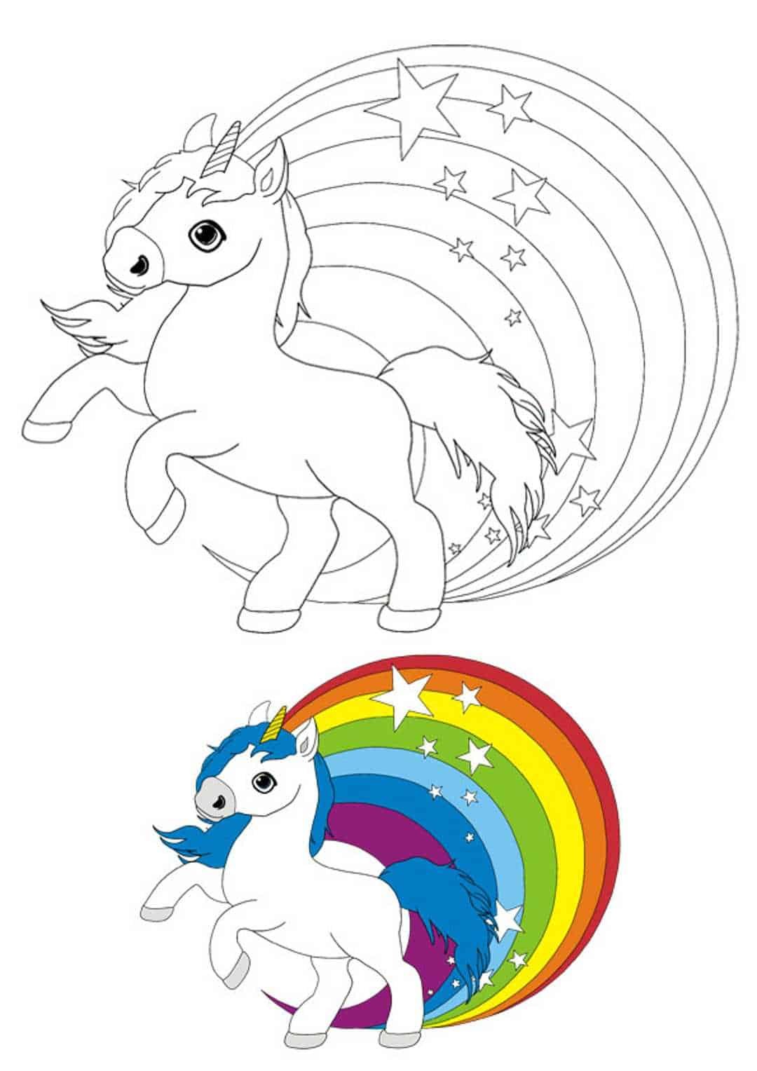 Little cute unicorn rainbow coloring page with sample