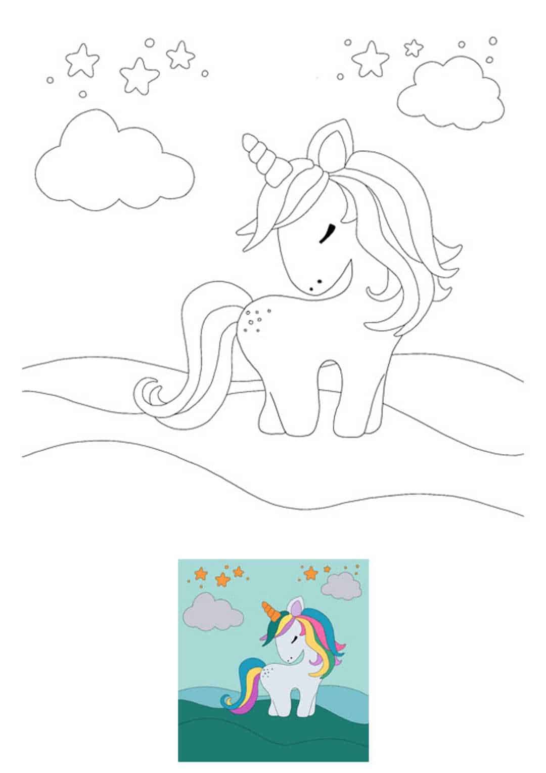 Little cute unicorn coloring page with sample