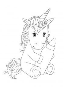 Little unicorn with bottle coloring page