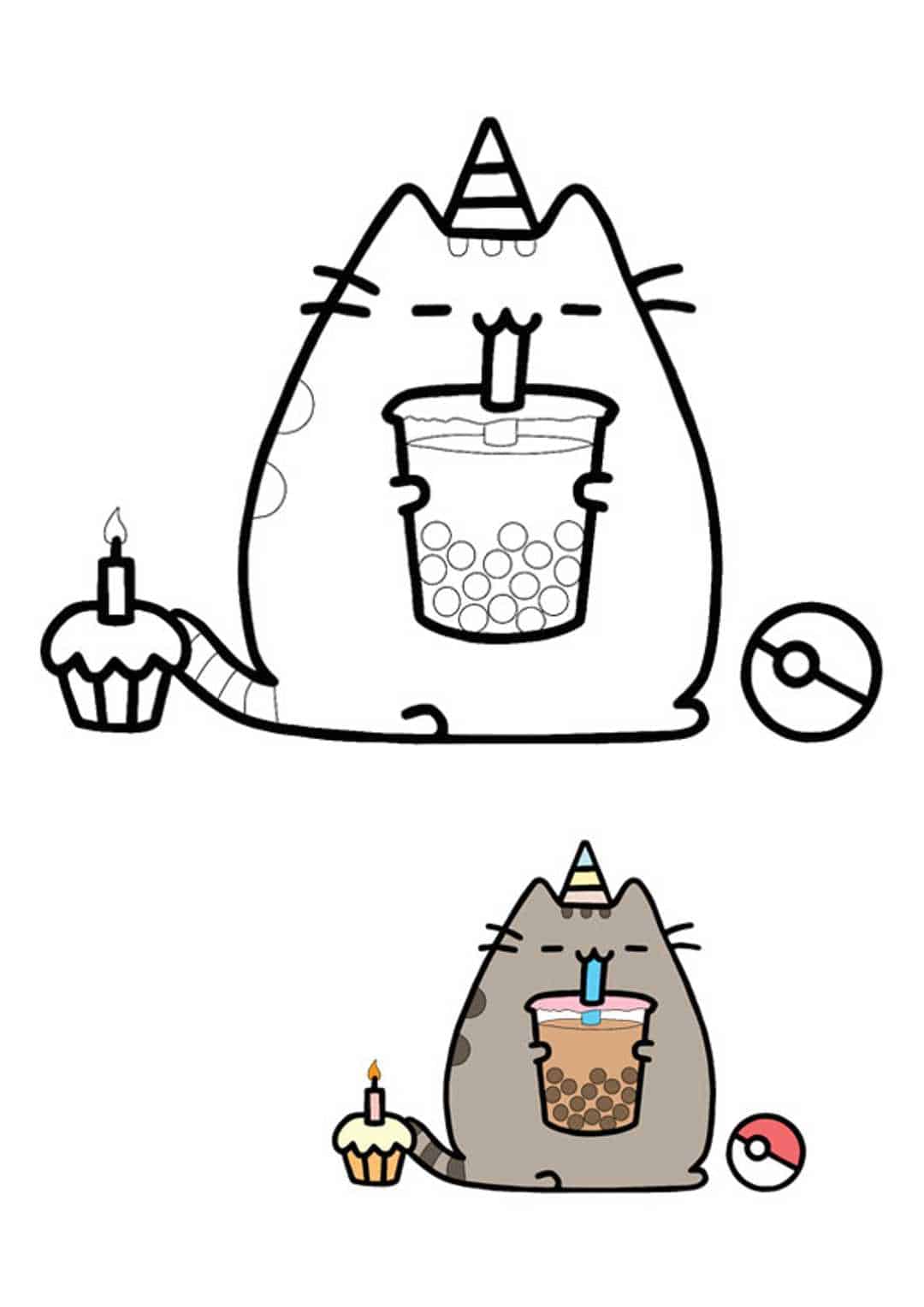 Pusheen eenhoorn verjaardagstaart kleurplaat om af te drukken