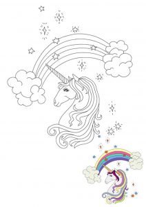 Regenboog unicorn hoofd kleurplaat met voorbeeld