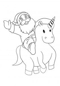 Santa riding unicorn coloring page