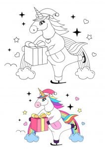 Skating unicorn with Christmas present coloring page with sample