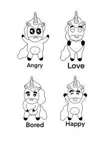 Unicorn Emoji Angry Bored Happy Love coloring page