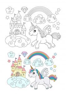 Gevleugelde unicorn regenboog kleurplaat met voorbeeld