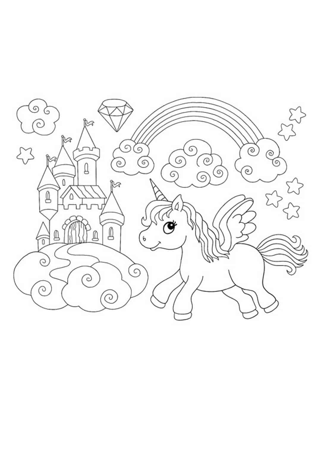 Winged unicorn rainbow coloring page
