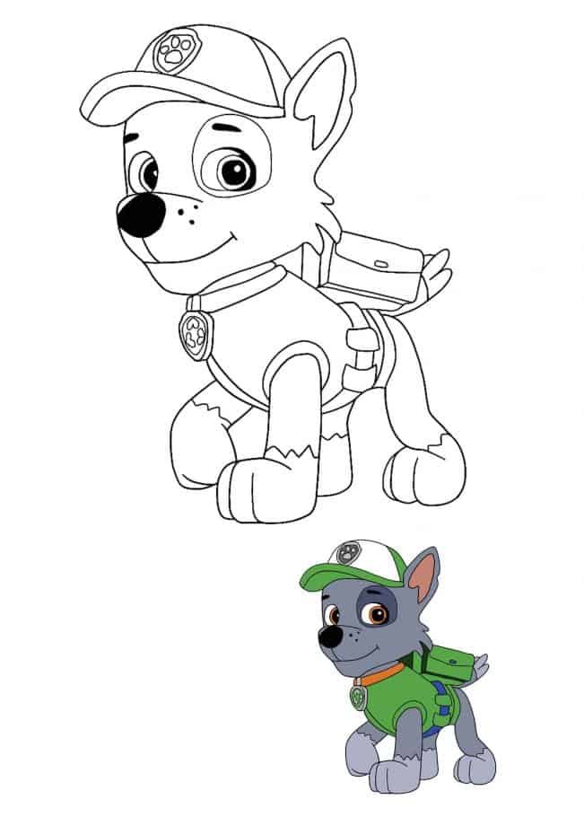 Paw Patrol Rocky coloring sheet with a sample
