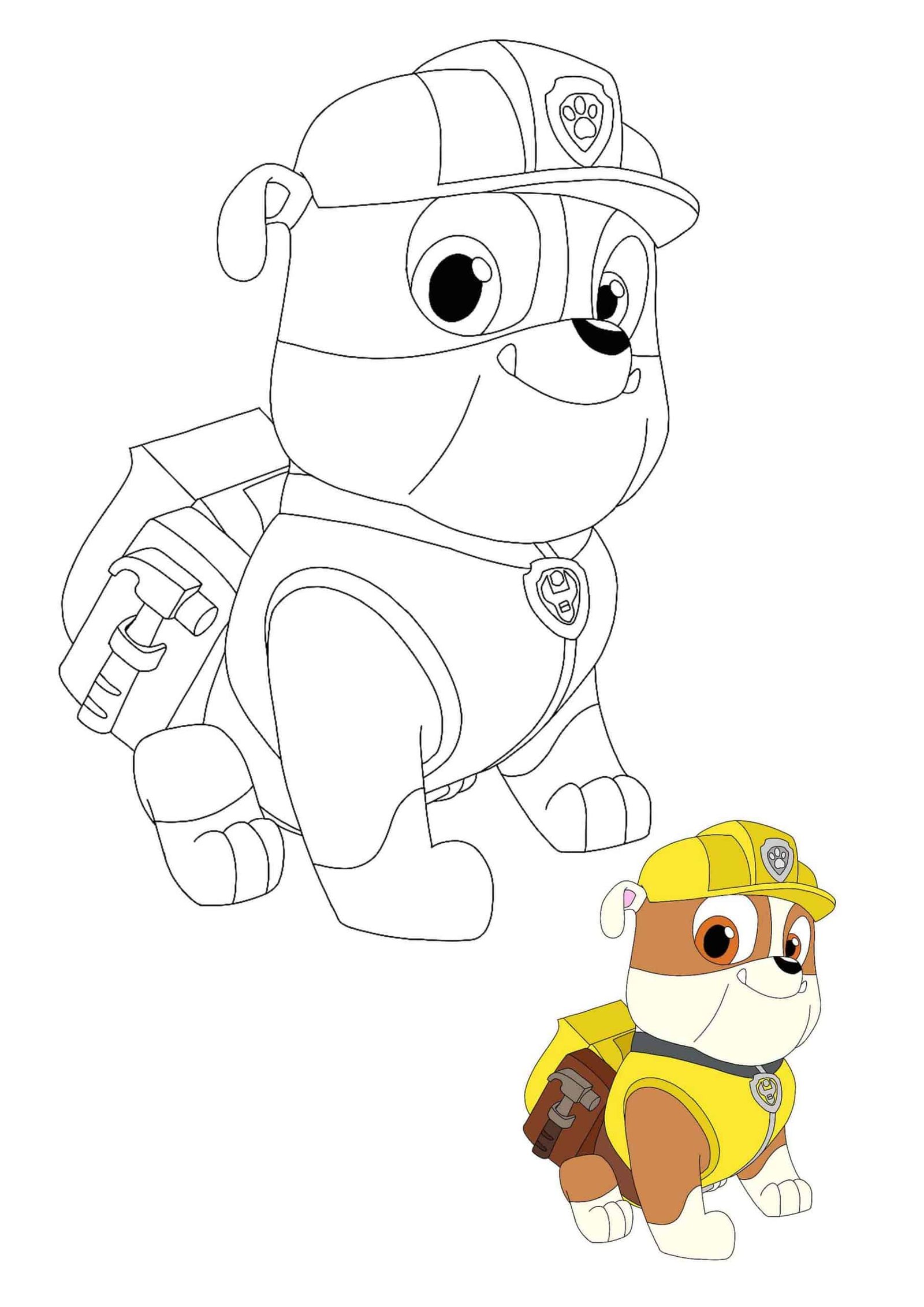 Paw Patrol Rubble coloring sheet with sample how to color