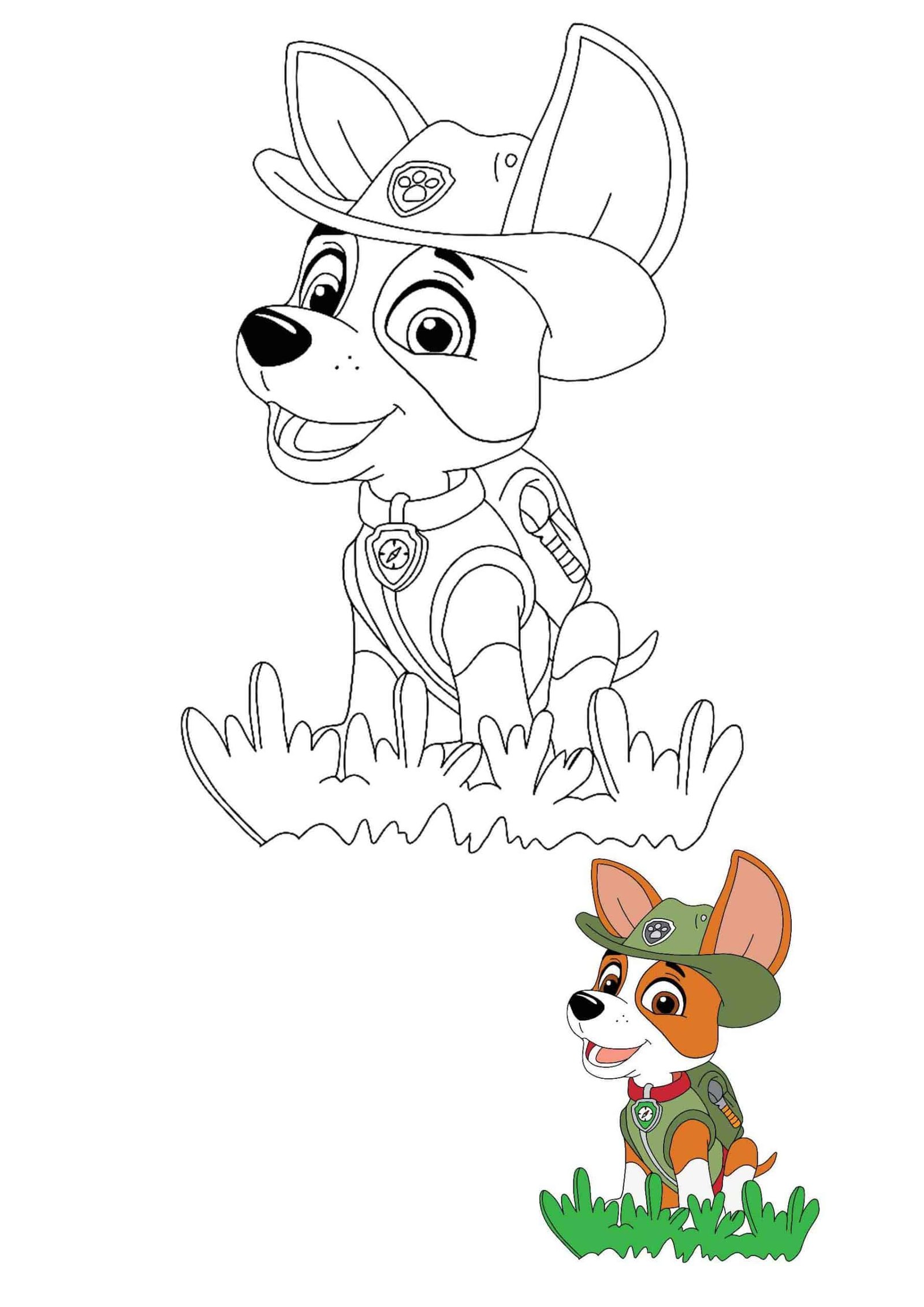 Paw Patrol Tracker coloring sheet with a preview