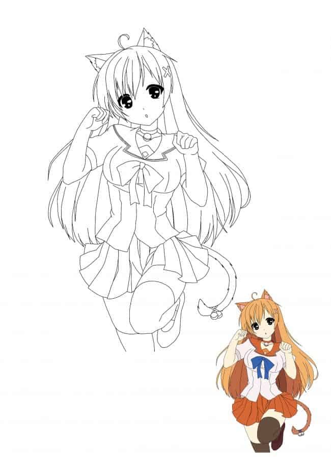 Coloriage Kawaii Chat Fille