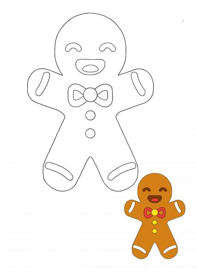 Kawaii Christmas Gingerbread coloring page with sample