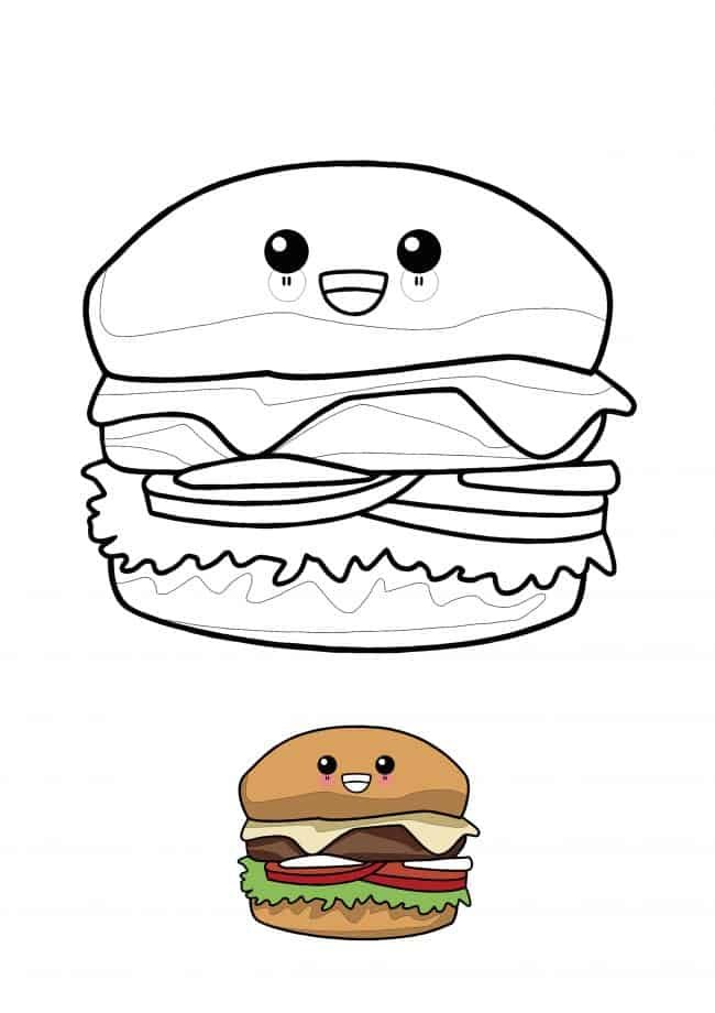Kawaii Hamburger coloring page with sample