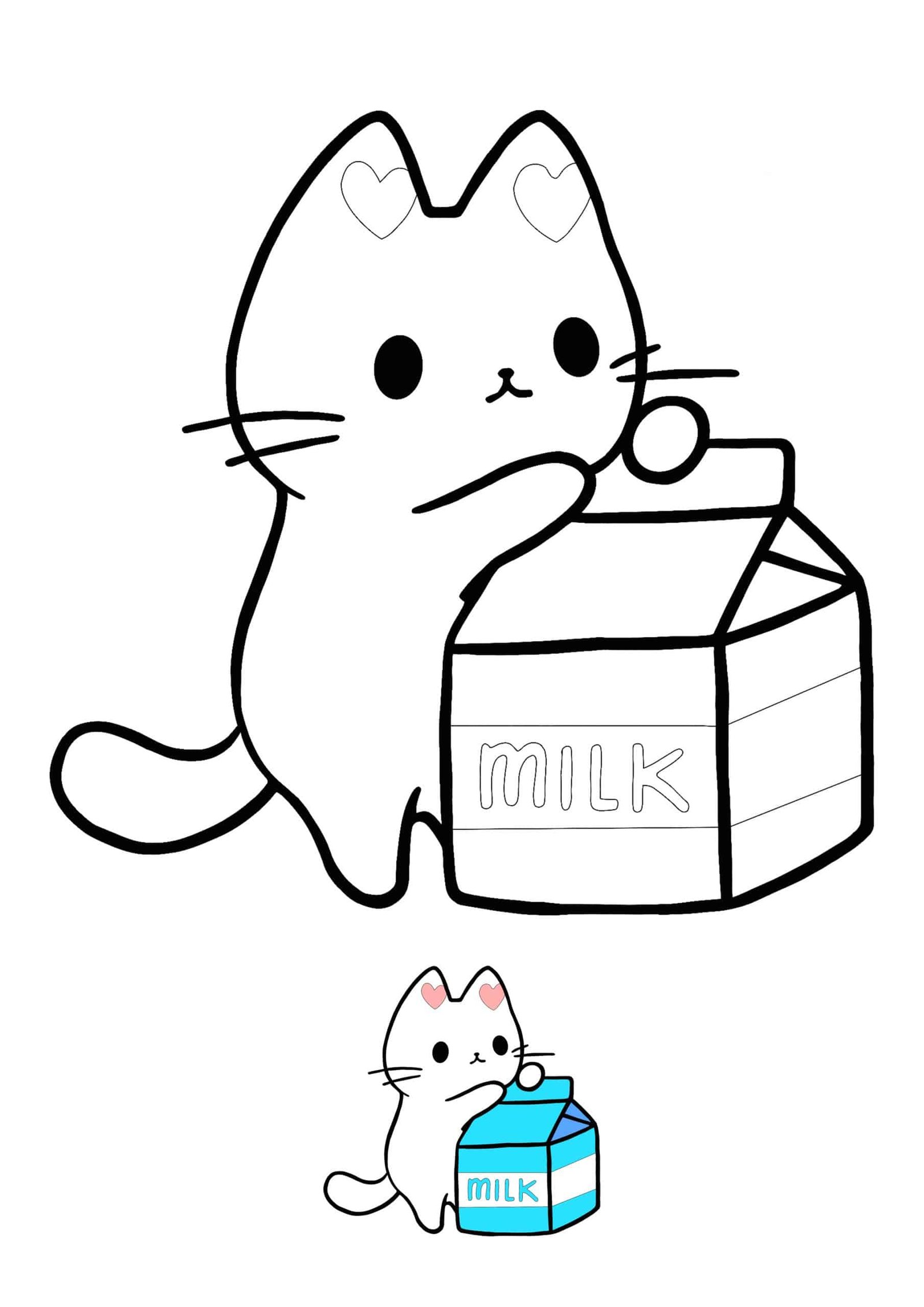 Kawaii Kitten met melkpakket kleurplaat