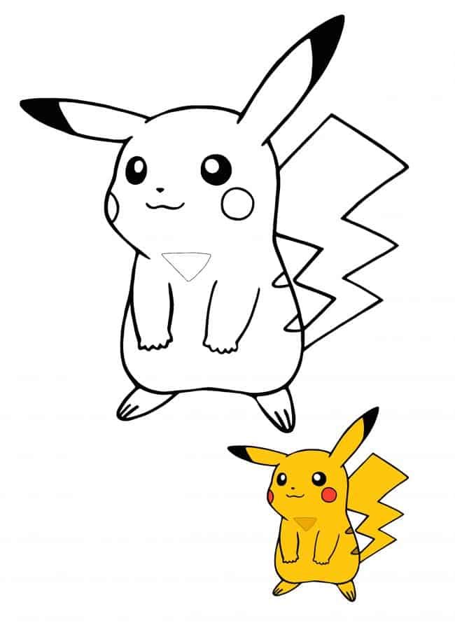 Kawaii Pikachu coloring page with preview