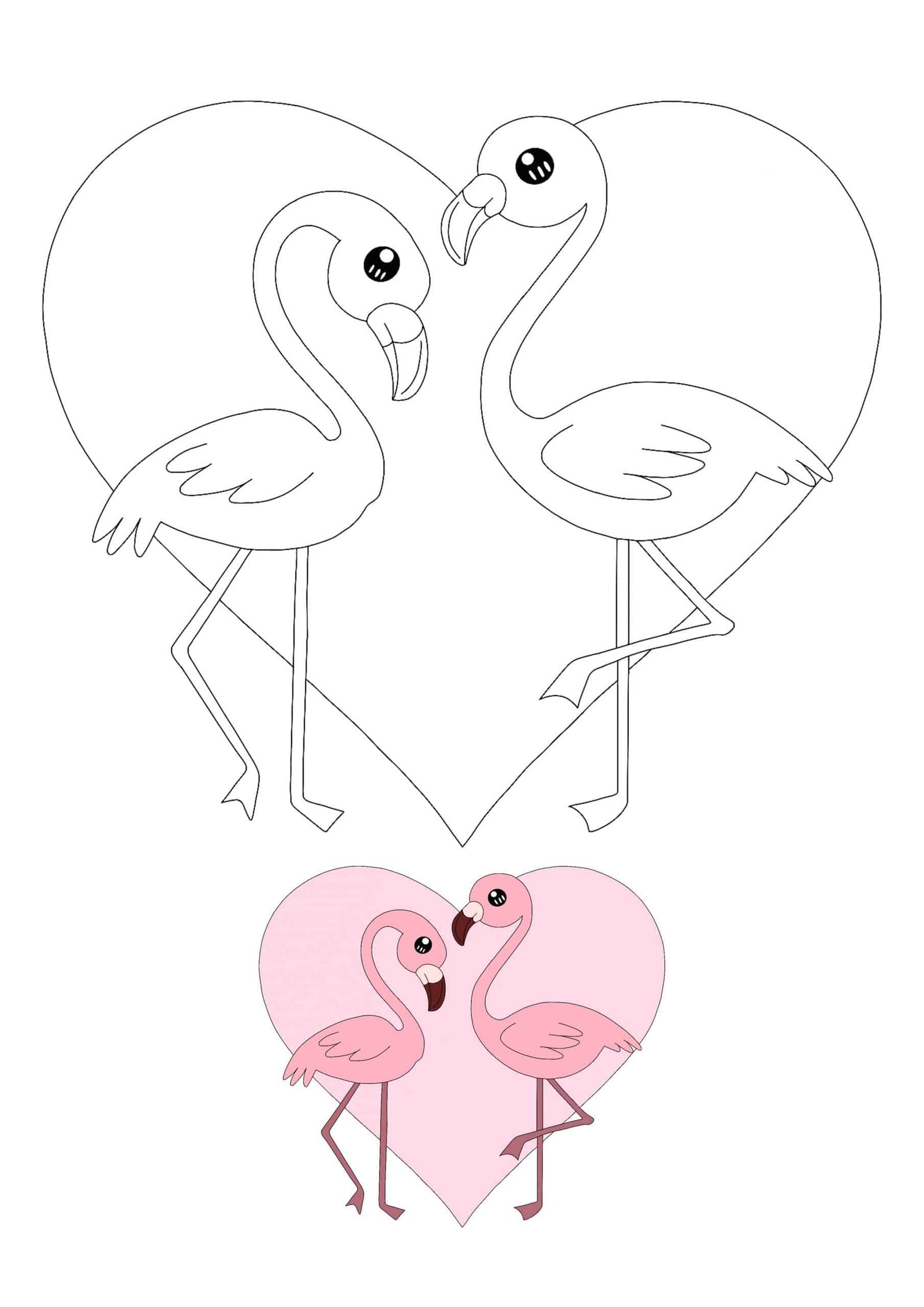 Twee Kawaii Roze Flamingo's kleurplaat met voorbeeld