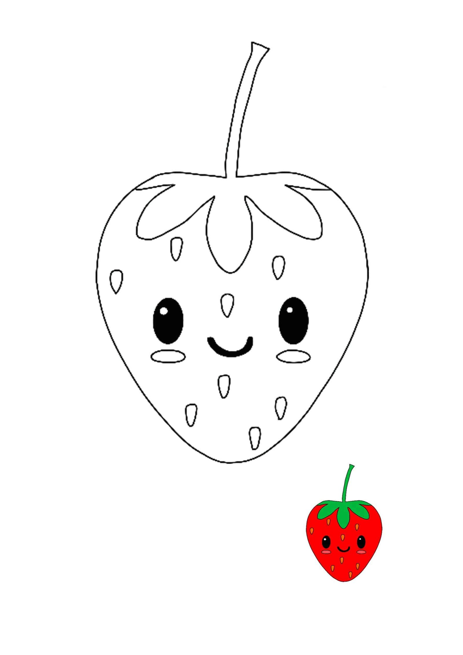 Kawaii Strawberry easy coloring page with sample