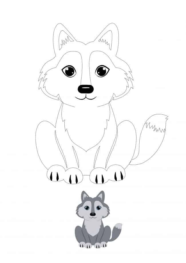 Kawaii Wolf coloring page with sample