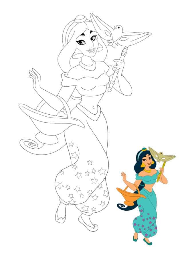 Cute Princess Jasmine coloring page with sample