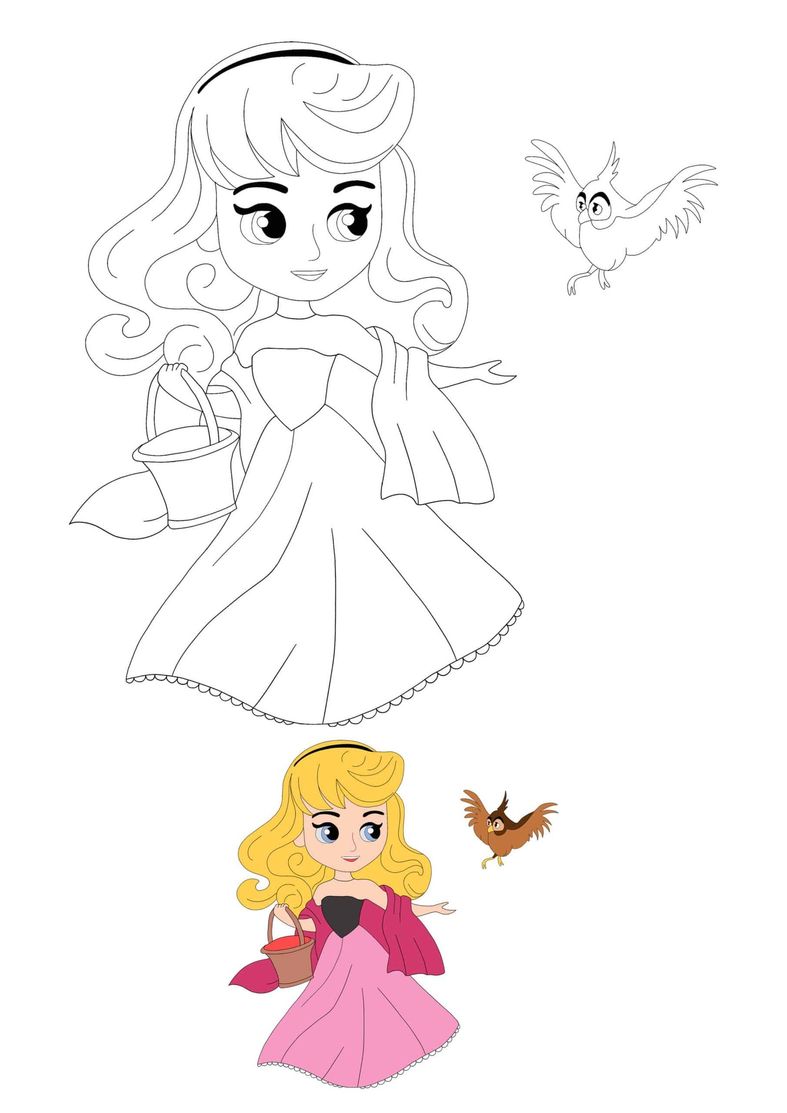 Cute Disney Princess Aurora With Bird coloring page for girls