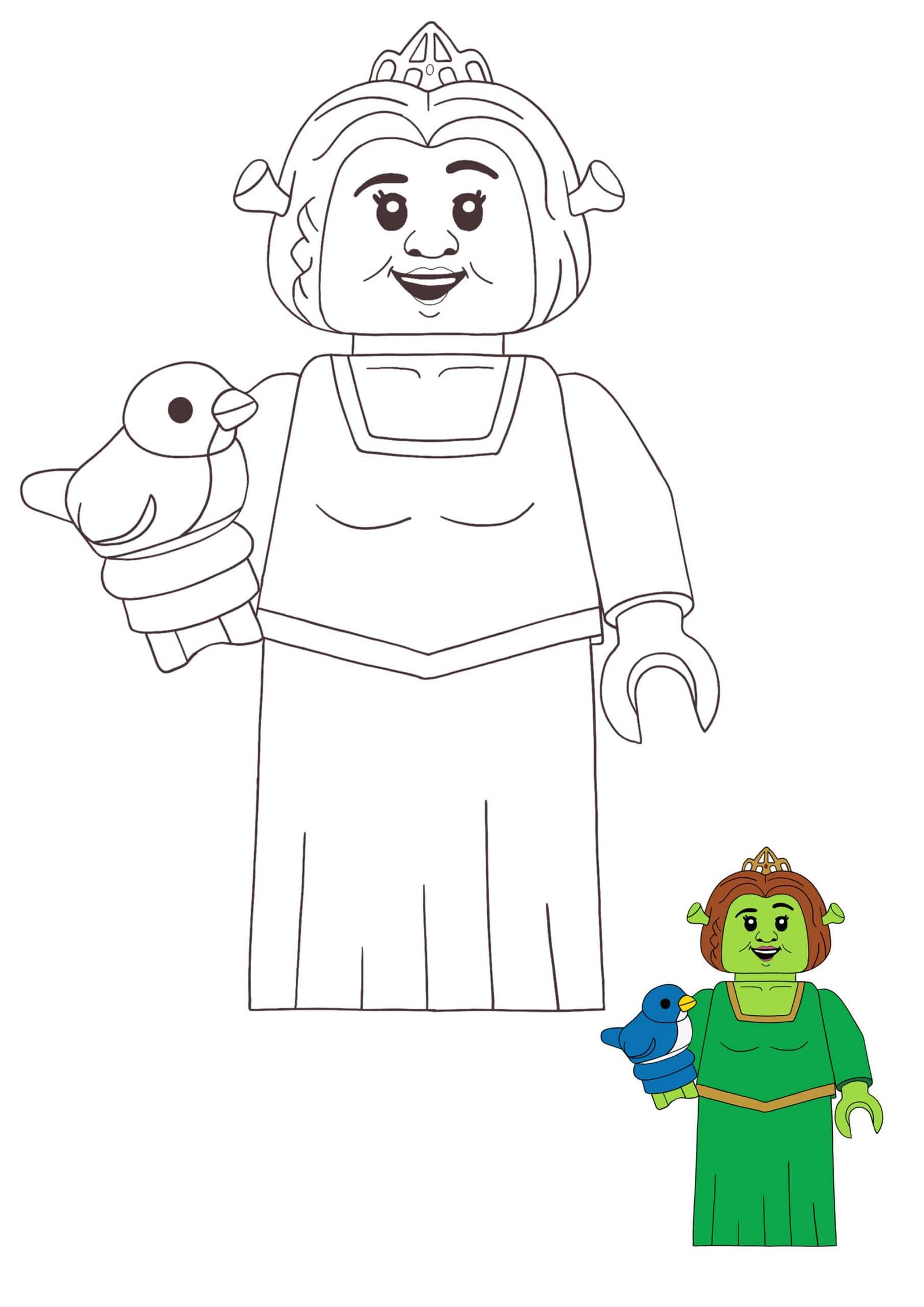 Coloriage Lego Princesse Fiona avec Oiseau