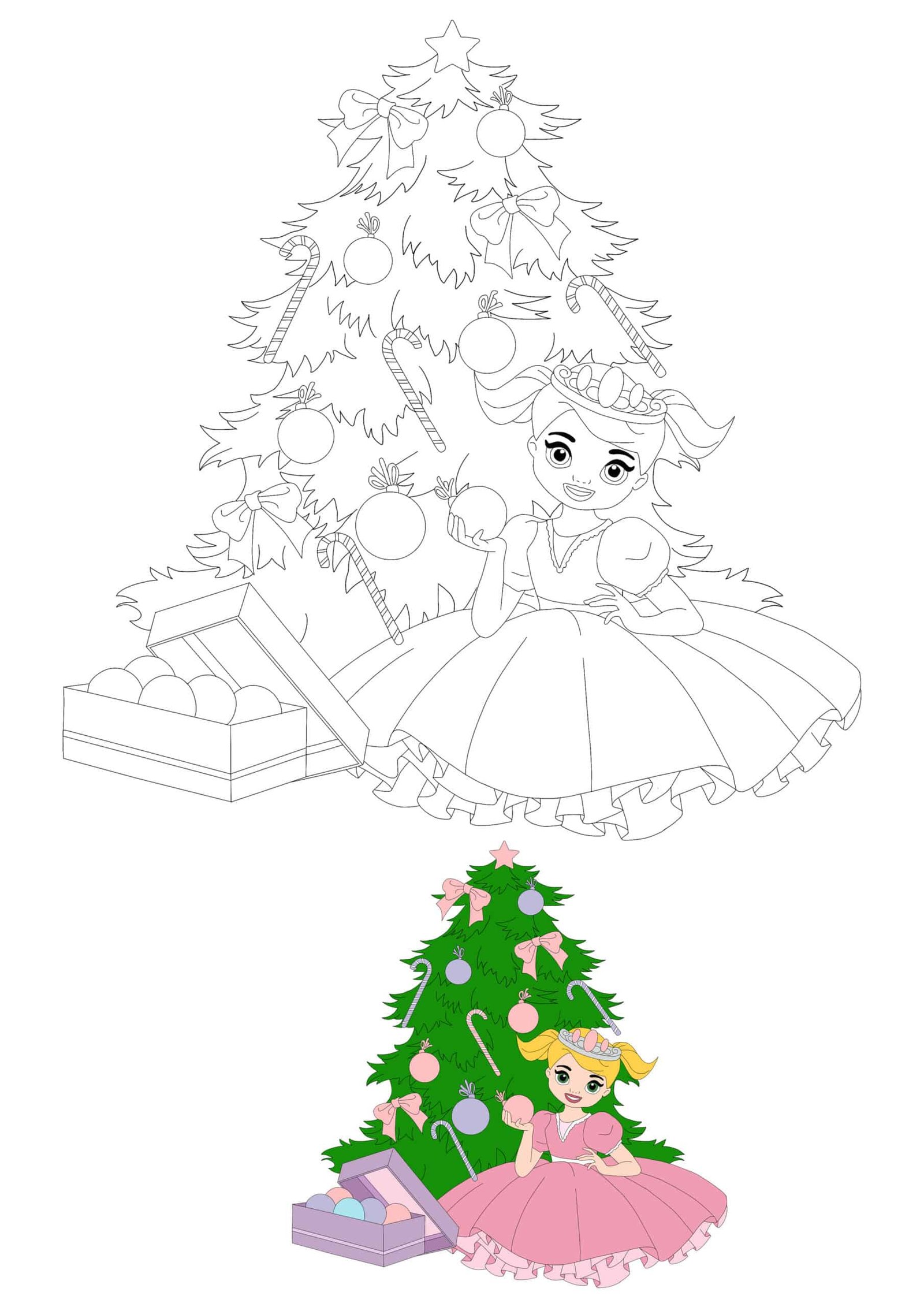 Kleine prinses versiert kerstboom kleurplaat met kleurvoorbeeld