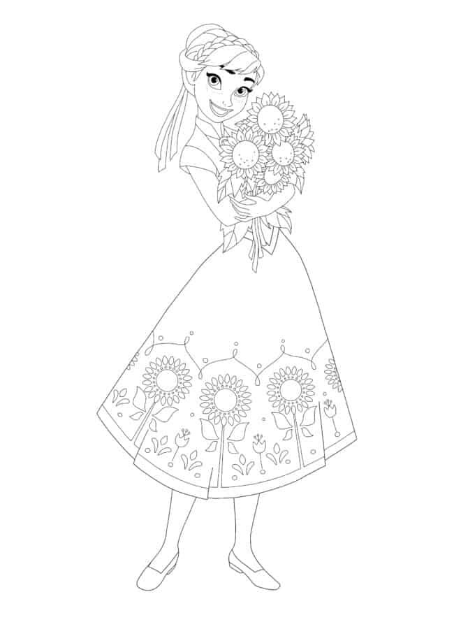 Princess Anna with Sunflowers coloring page