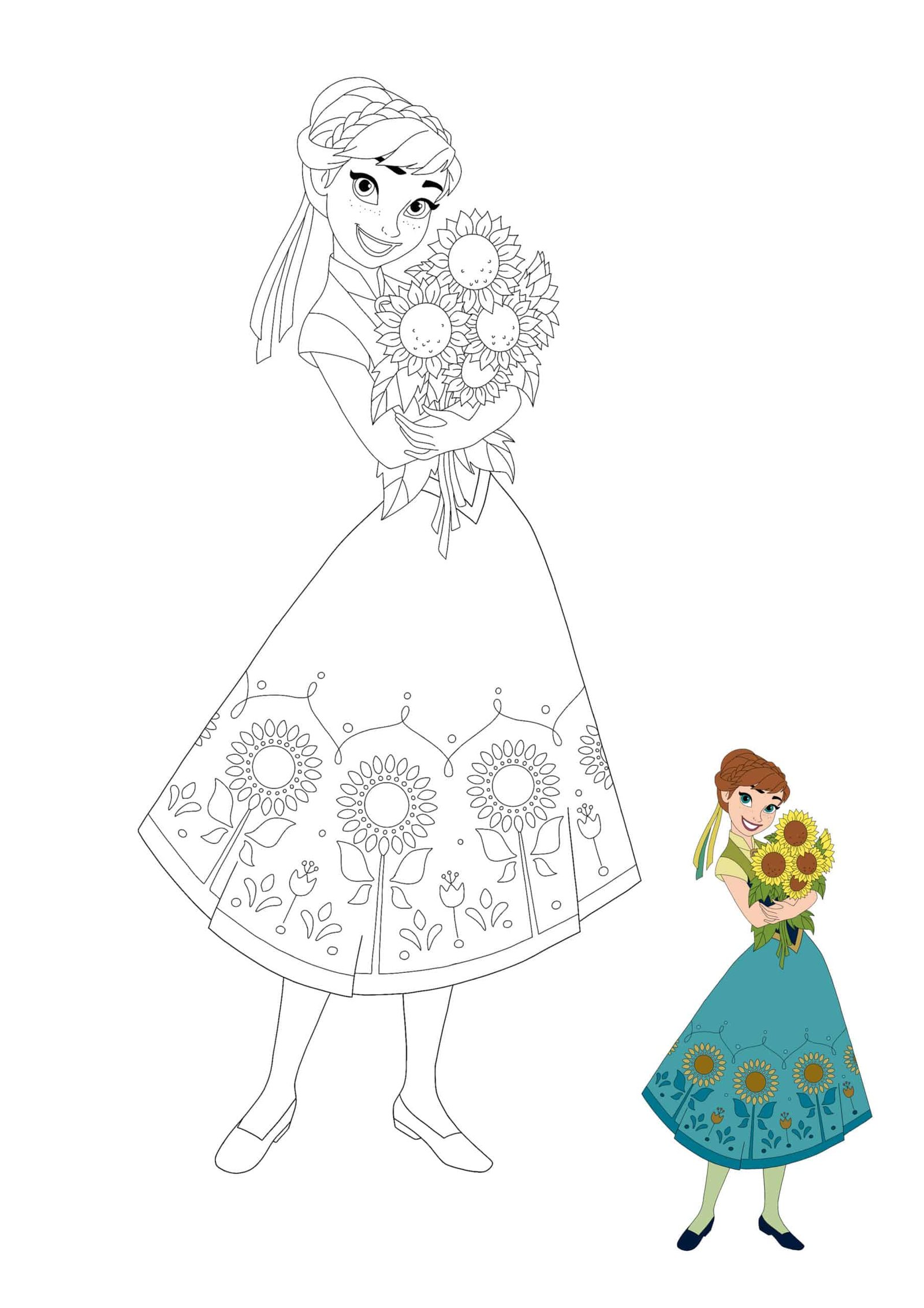 Coloriage dessin Princesse Anna avec des Tournesols