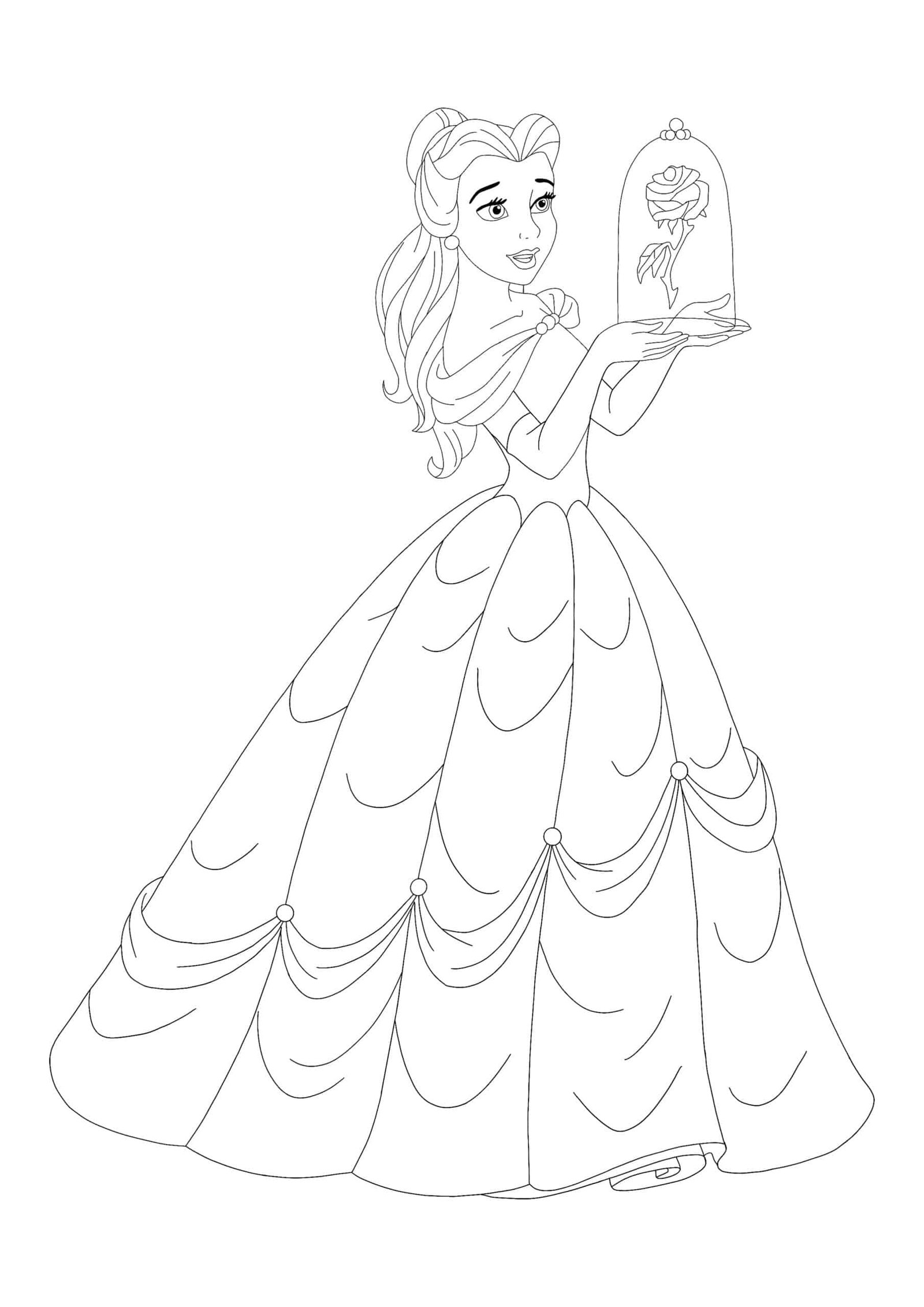 Prinses Belle met roos kleurplaat