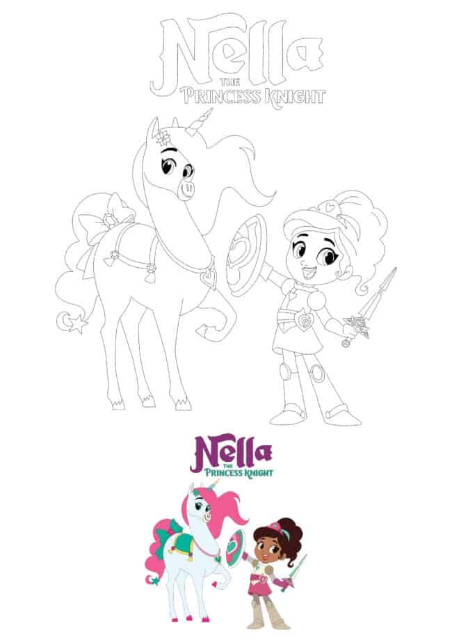 Princess Nella and Unicorn Trinket coloring page for boys and girls