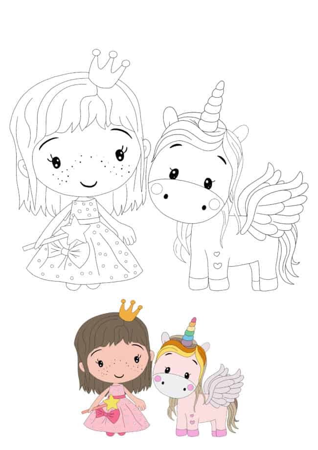 Princess and Unicorn easy coloring page