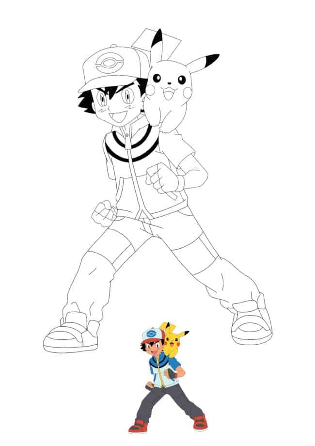 Ash and Pikachu coloring page with sample