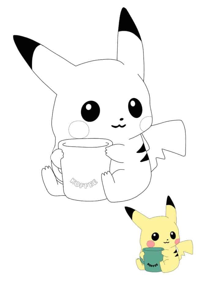 Schattige Baby Pikachu met koffiemok kleurplaat
