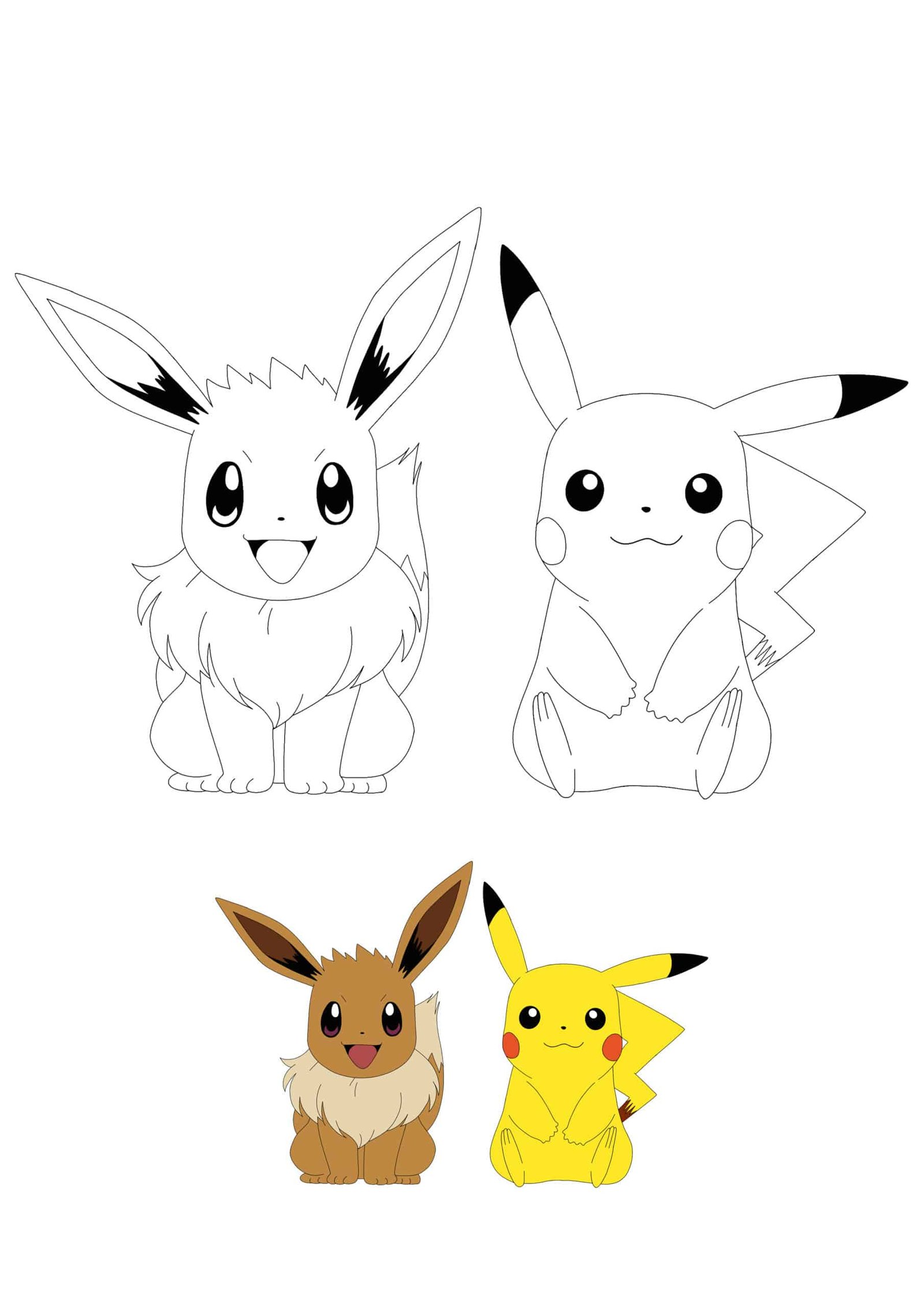 Pikachu and Eevee free coloring page for boys and girls