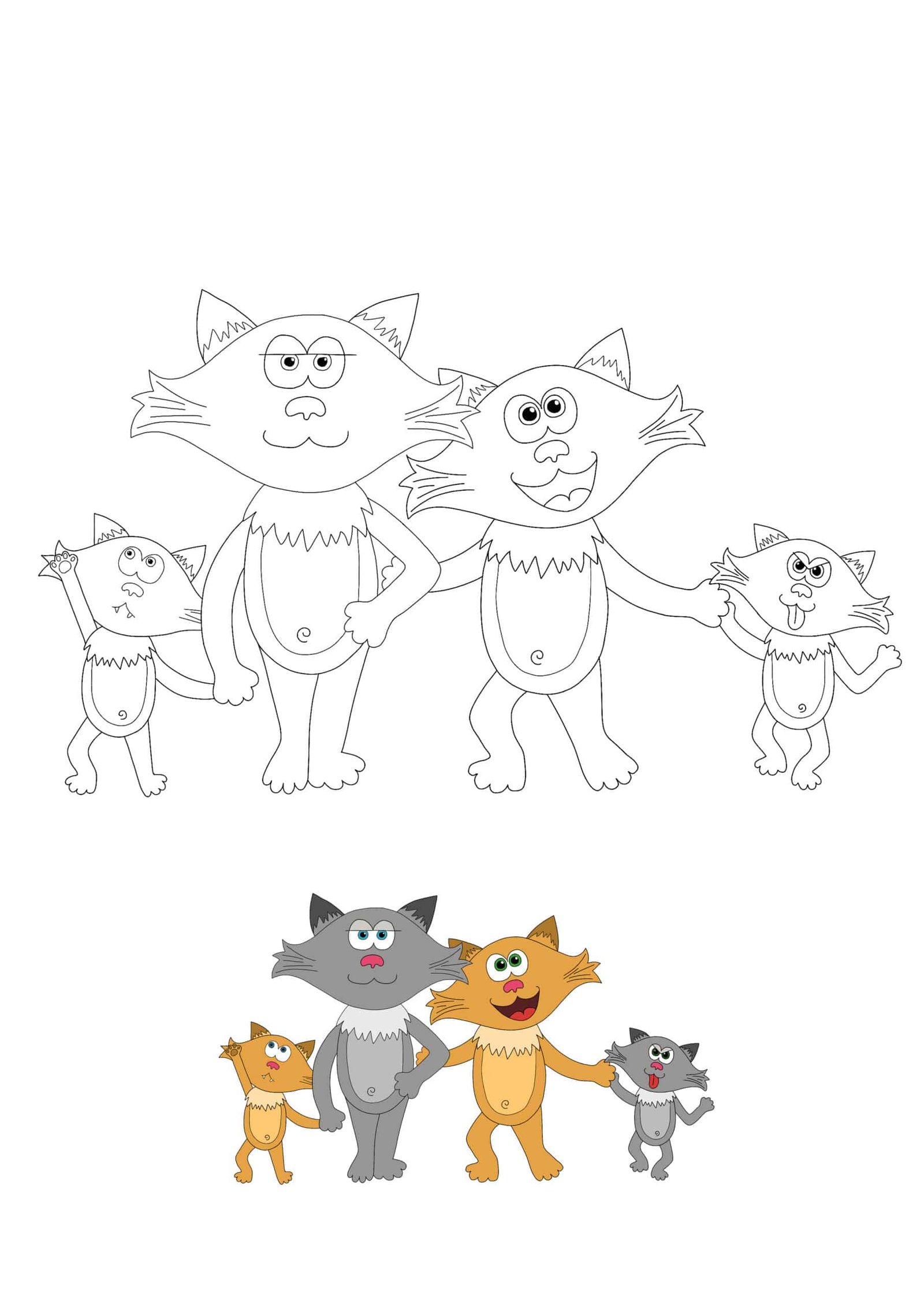 Kat familie printbare kleurplaat voor kinderen