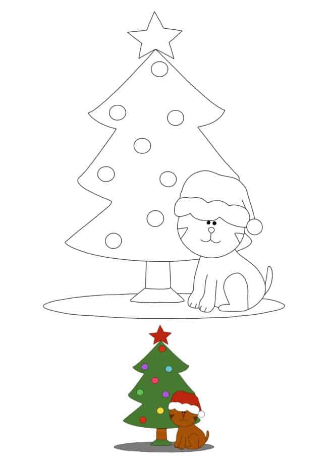 Kat zit voor kerstboom gratis afdrukbare kleurplaat voor kinderen