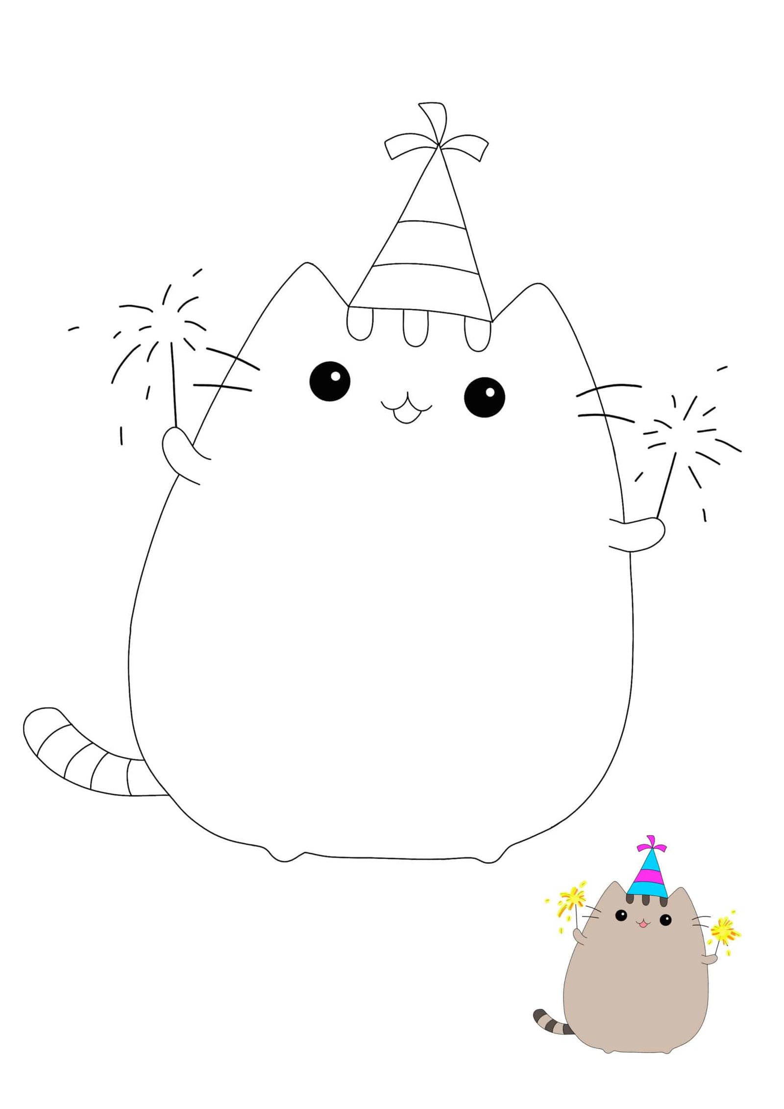 Pusheen Cat Birthday coloring free coloring sheet