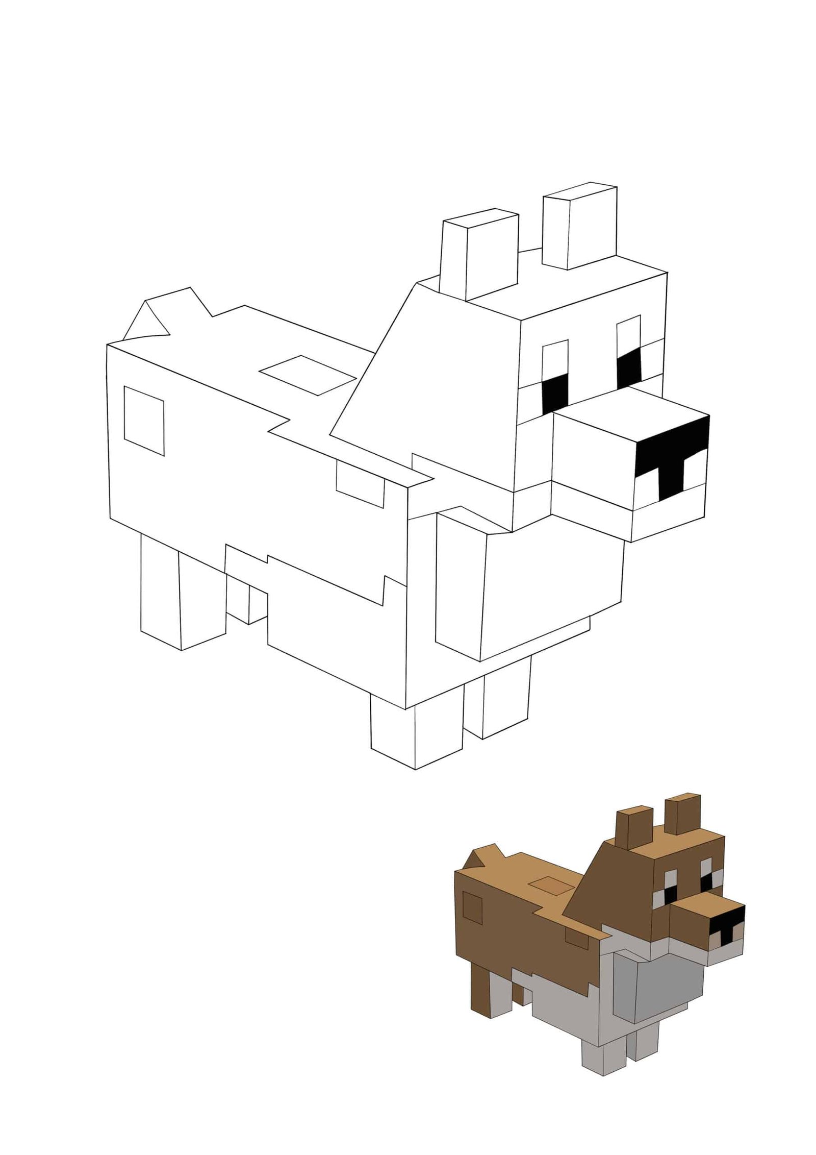 Minecraft Hond kleurplaat met een voorbeeld. Hoe kleur je?