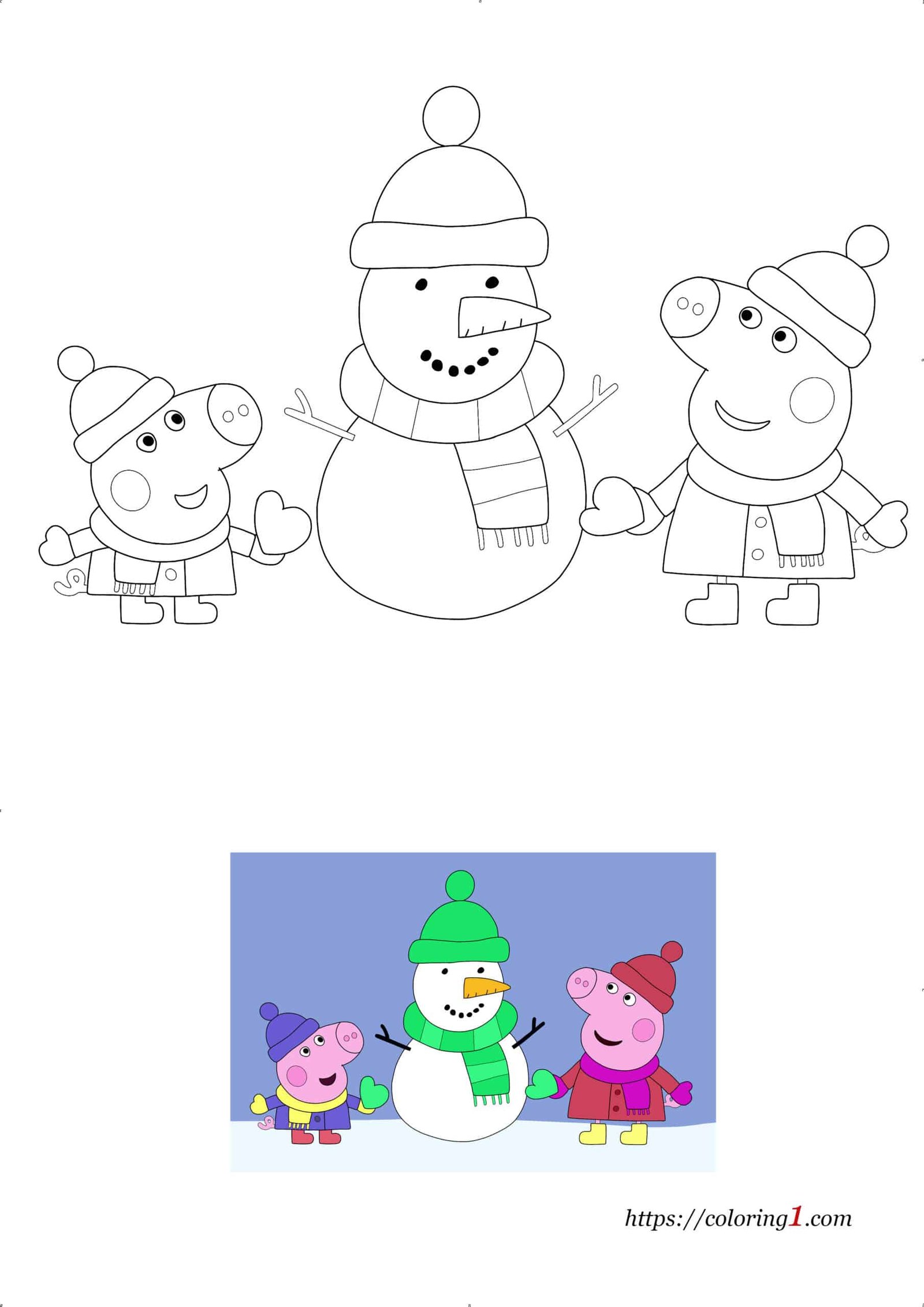 Peppa Pig en Sneeuwman kleurplaat voor kinderen om af te drukken