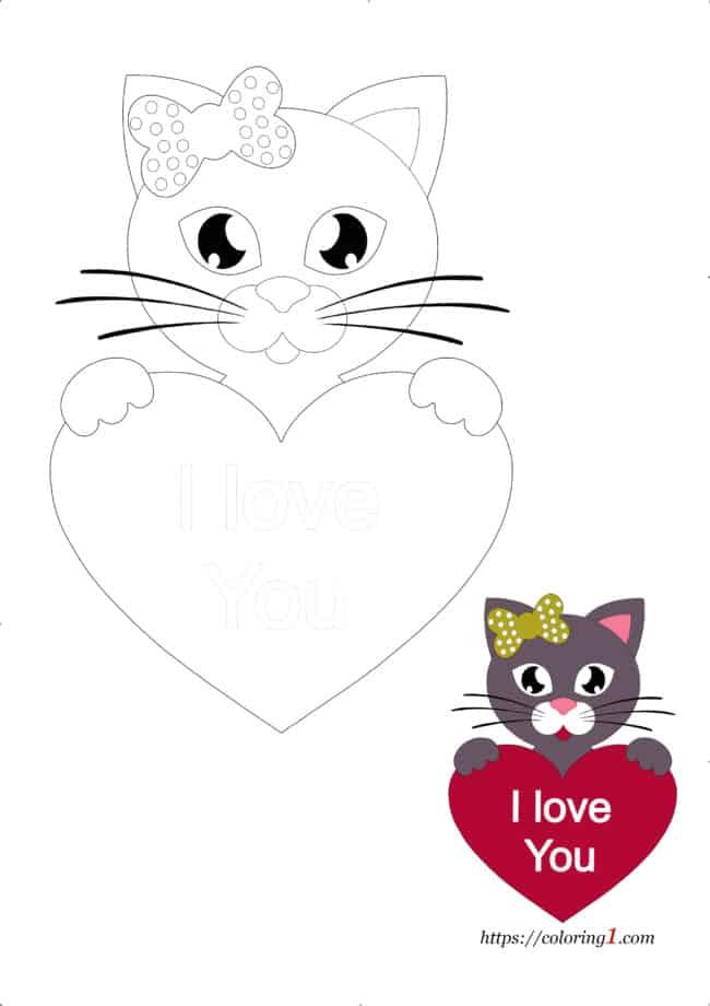 Cat and Heart coloring page, I love You to print