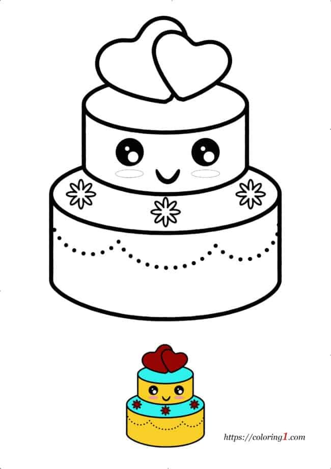 Coloriage Gâteau de Mariage avec des Coeurs À Imprimer Gratuit