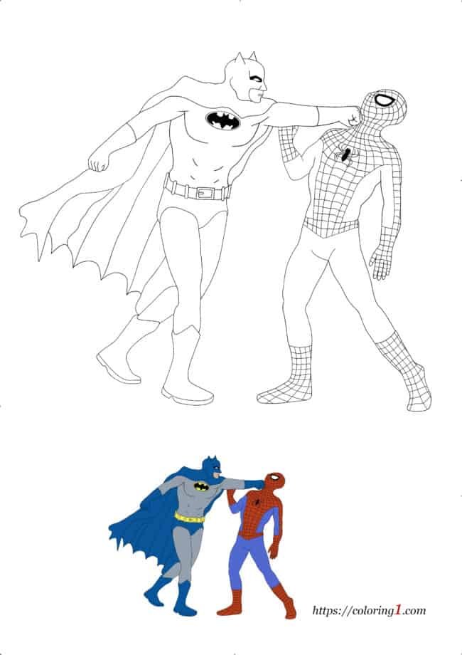 Batman vs Spiderman cool coloring page to print for adults and kids with sample