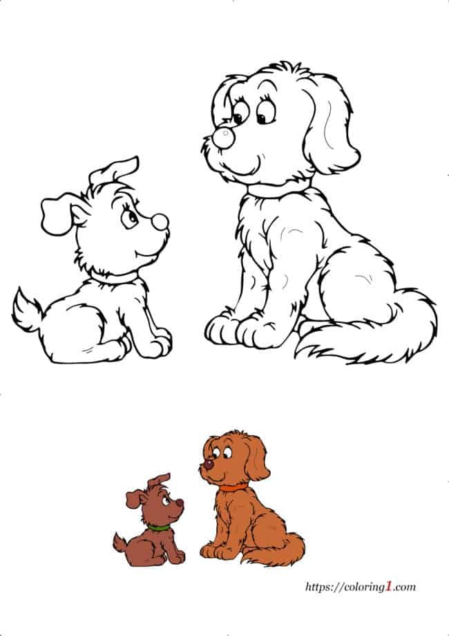 Hond en puppy kleurplaat om af te drukken met voorbeeld